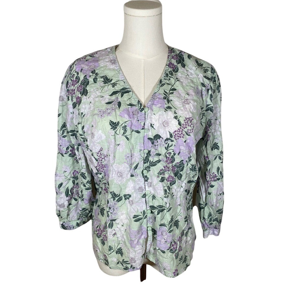 Liz Claiborne Floral v-neck Women's blouse 3/4 sleeve boho garden party sz large